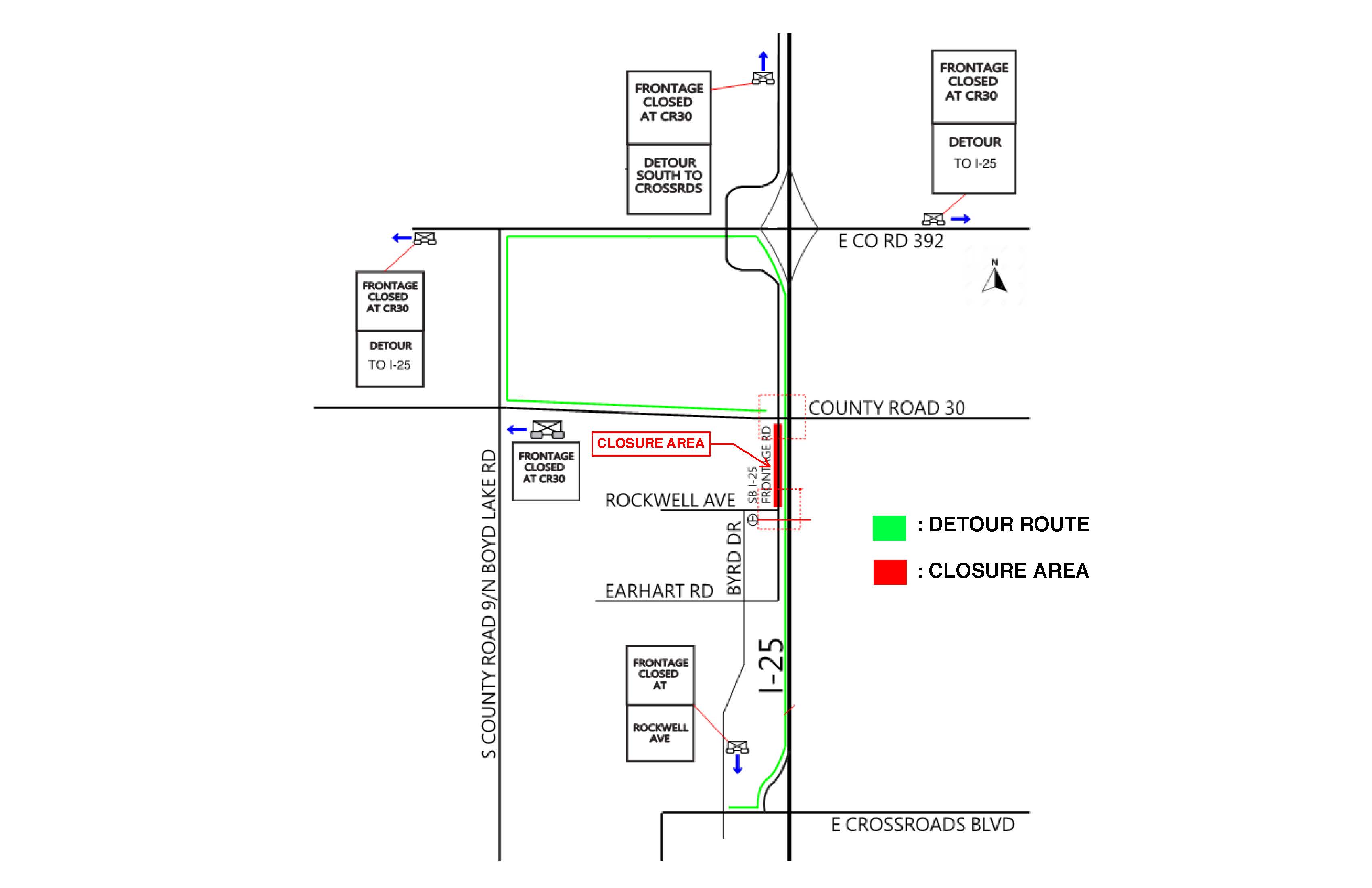 Upcoming closure of the SW Frontage Road from E County Rd 30 to Rockwell Ave Map.jpg detail image