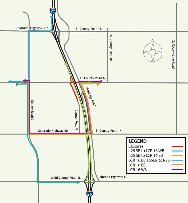Detour map showing alternate travel access around the full closure of LCR 16 under I-25.