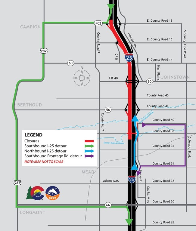 WCR 38 I-25 North Express Lanes Full Closure Map 