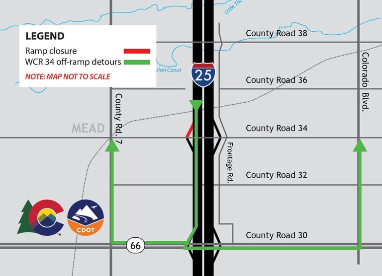 Detour map for the WCR 34 off-ramp closure.