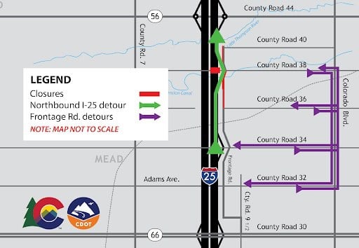 Detour map for the Northbound I-25 closure. 