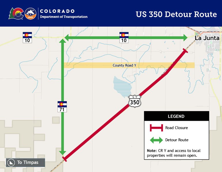 During the extended closure, US 350 will be closed. All traffic will utilize CO 71 and CO 10. County Road Y and access to local properties will remain open.