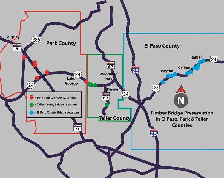 Map of Timber Bridge Preservation project locations in El Paso, Park and Teller Counties Map of Timber Bridge Preservation project locations in El Paso, Park and Teller Counties