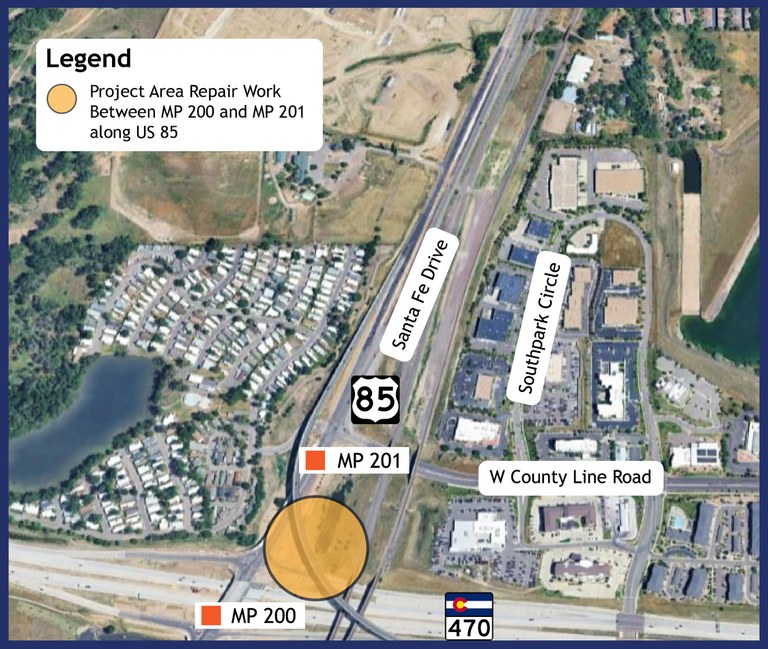 Map of the project area where work will take place for the interim bridge repairs on southbound Santa Fe to eastbound C-470 flyover bridge