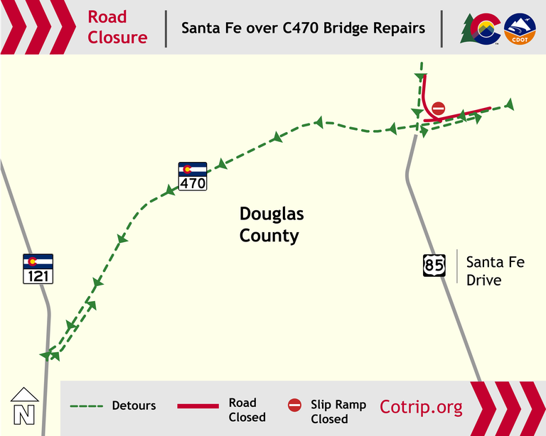 Project detour map showing the detour routes for the C-470 closures in Douglas County.