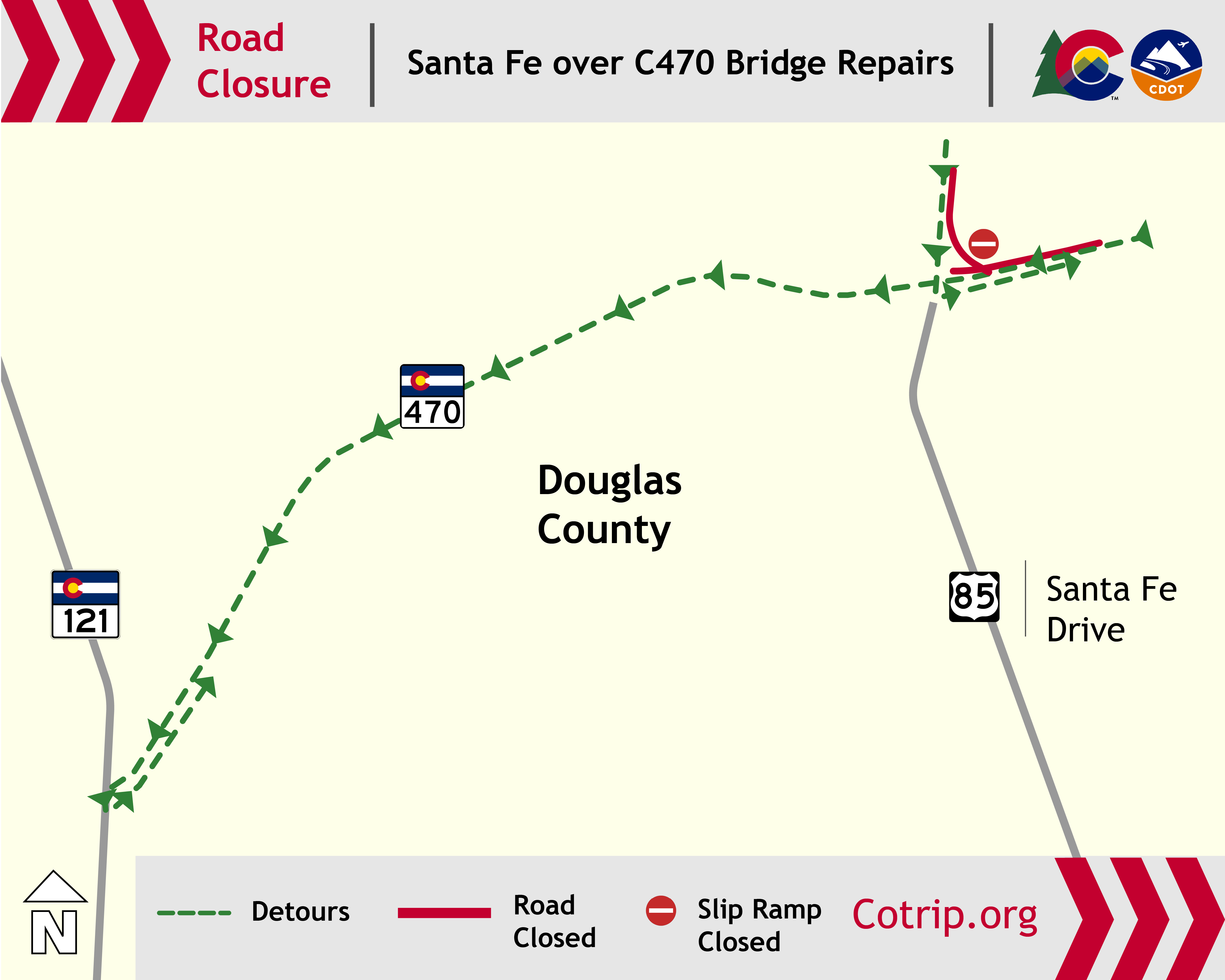 Santa Fe to Eastbound C-470 Flyover Bridge Repair Detour Map.png detail image