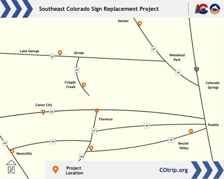 Map of project locations for the Southeast Colorado sign replacements.