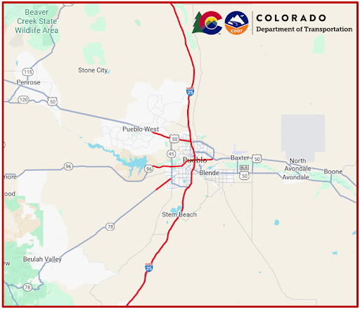 Map of pavement marking project locations in Pueblo Map of pavement marking project locations in Pueblo