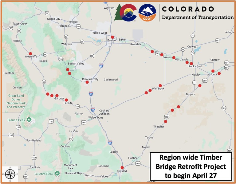 Project map showing bridge repair locations across southern Colorado