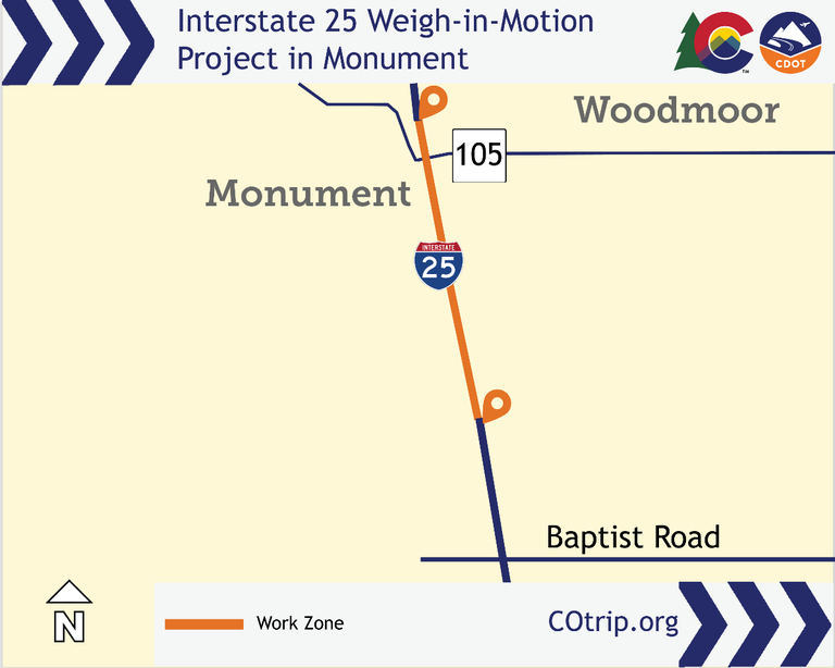 Map of Interstate 25 through Monument indicating work zone for the weigh-in-motion project. Northbound I-25 will be reduced to two lanes October 9 at 9 p.m. through October 12 at 5 a.m.