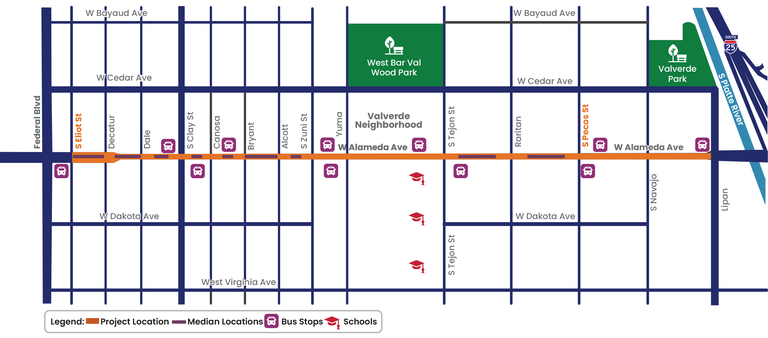 This vicinity map shows the West Alameda Avenue corridor and highlights points or interest. The corridor extends between South Eliot Street and Lipan Street.