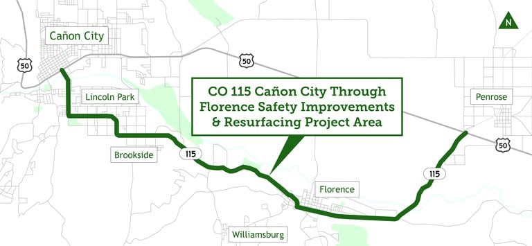 Map of Colorado Highway 115 in Fremont County work zone for the proposed CO 115 Safety Improvements and Resurfacing project from Canon City through Florence Map of Colorado Highway 115 in Fremont County indicating the work zone for the proposed CO 115 Safety Improvements and Resurfacing project from Canon City through Florence.