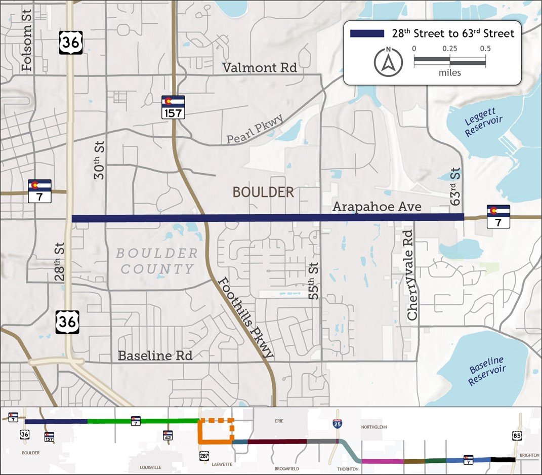 Project area map of CO 7 Segment A: 28th Street to 63rd Street
