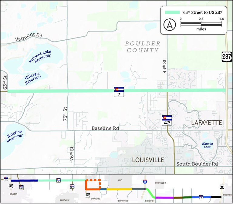 CO 7 Project Area Map - Segment B Image of CO 7 corridor between Brighton and Boulder. The map illustrates segment B of CO 7 between 63rd Street and US 287.