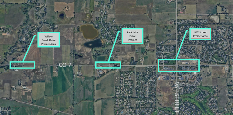 Map of project area of the CO 7 Intersections Improvements in Lafayette