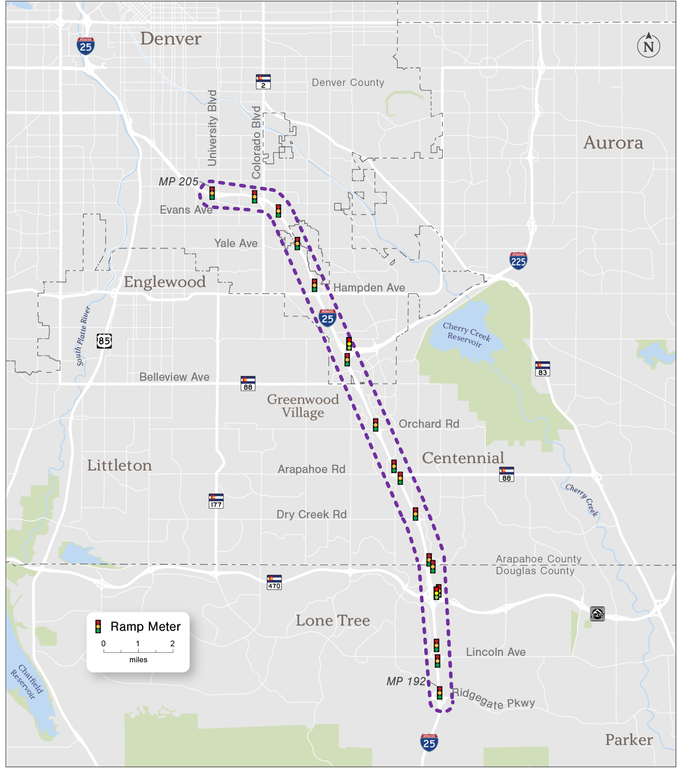 Map of ramp meters on I-25 being used as part of the CARM pilot study.