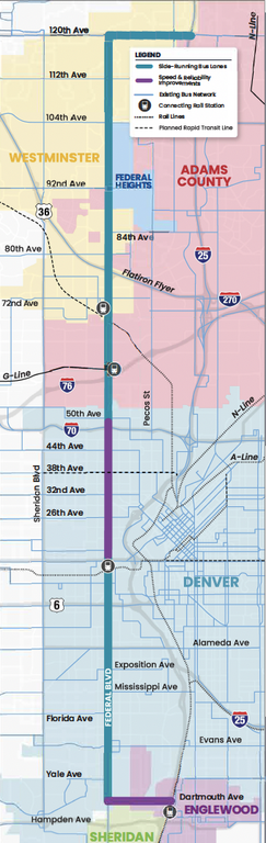 Map of the Federal Boulevard BRT side-running improvements Map of the Federal Boulevard BRT project showing areas where side-running bus rapid transit and speed and reliability improvements will be made