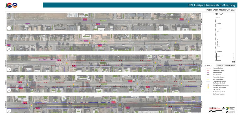 Map of the Federal Boulevard BRT Project limits spanning Federal Boulevard between Dartmouth Avenue and Kentucky Avenue. The map includes major roads, such as Dartmouth, Yale, Harvard, Evans, Jewell, Florida, Louisiana and Mississippi Avenues.