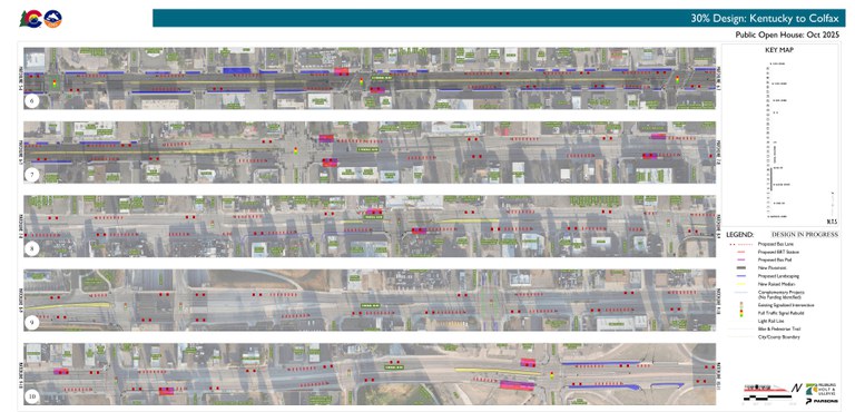 Map of the Federal Boulevard BRT Project limits spanning Federal Boulevard between Kentucky Avenue and Colfax Avenue. The map includes major roads, such as Kentucky, Exposition, Alameda, 1st, 2nd, 8th, and 10th Avenues, and the 6th Avenue and south half of the Colfax Avenue interchanges.
