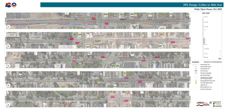 Map of the Federal Boulevard BRT Project limits spanning Federal Boulevard between Colfax Avenue and 46th Avenue. The map includes major roads, such as 17th, 23rd, 26th, 29th, Speer Blvd, 32nd, 35th, 38th and 44th Avenues, and the north half of the Colfax Avenue interchange.
