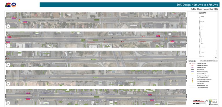 Map of the Federal Boulevard BRT Project limits spanning Federal Boulevard between 46th Avenue and 67th Avenue. The map includes major roads, such as 46th, Regis Boulevard/50th, 52nd, 56th and 64th Avenues, and interstate highways, such as I-70 and I-76.