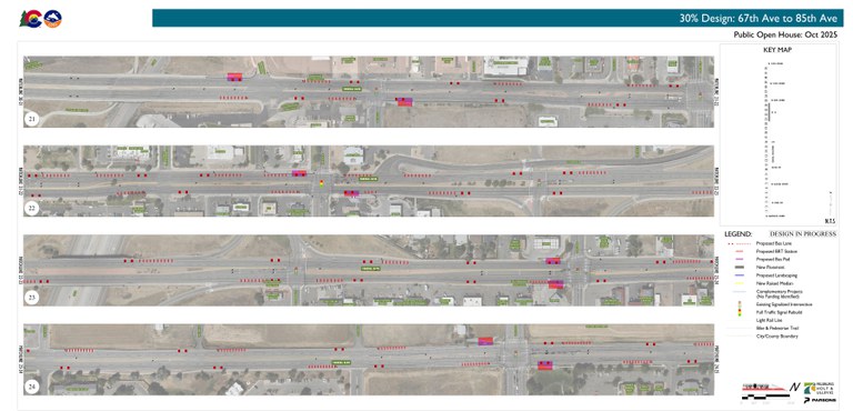 Map of the Federal Boulevard BRT Project limits spanning Federal Boulevard between 67th Avenue and 84th Avenue. The map includes major roads, such as 72nd, 76th, 80th and 84th Avenues, and major highways, such as US 36.