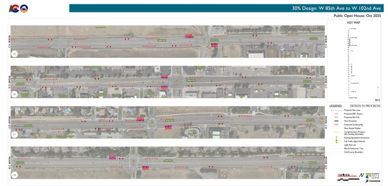 Map of the Federal Boulevard BRT Project limits spanning Federal Boulevard between 84th Avenue and 102nd Avenue. The map includes major roads, such as 88th, 92nd and 96th Avenues