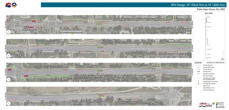 Map of the Federal Boulevard BRT Project limits spanning Federal Boulevard between 102nd Avenue and 120th Avenue. The map includes major roads, such as 104th and 112th Avenues, and major arterials, such as 120th Avenue.
