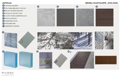 Cool/dark color palette for Federal Boulevard BRT station Dark, cool-toned palette of blue, grey, and dark brown materials for the proposed Federal BRT stations, reflecting Colorado winter scenery.