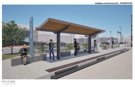 A rendering of Federal Boulevard BRT station with the warm/dark color palette A rendering of Federal Boulevard BRT station with the warm/dark color palette