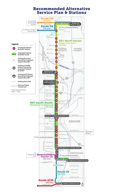 Federal BRT Station Locations Map The map above shows how bus rapid transit along Federal Boulevard will connect with existing bus and rail stations and identifies final intersection station locations.