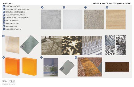 Warm/light color palette for Federal Boulevard BRT station Color palette of warm, light colors of materials that could be used for proposed Federal Boulevard bus rapid transit stations.