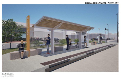A rendering of Federal Boulevard BRT station with the warm/light color palette A rendering of Federal Boulevard BRT station with the warm/light color palette