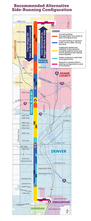 Federal BRT Proposed Improvement map The Federal Boulevard bus rapid transit map above shows transit improvements along the corridor, including locations where existing shoulder, right-turn lanes, and third general-purpose lanes are converted to bus lanes, where the roadway is widened, and where the bus rapid transit would operate in mixed traffic. The map also shows areas where speed and reliability improvements are planned.
