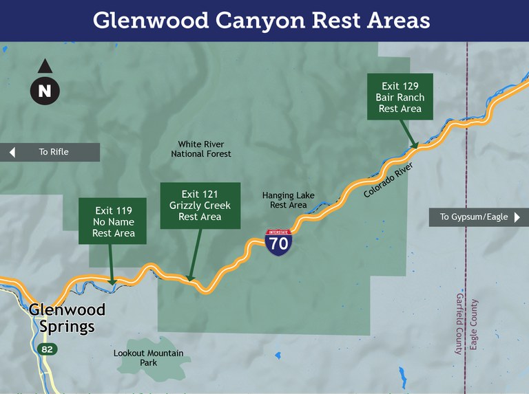 A map of I-70 through Glenwood Canyon showing the three rest areas to be replaced or renovated: the Bair Ranch Rest Area at Mile Point 128.5, the Grizzly Creek Rest Area at Mile Point 121.02 and the No Name Rest Area at Mile Point 118.64.