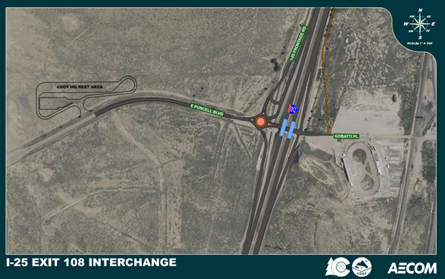 Conceptual drawing over satellite image on Interstate 25 at Exit 108.