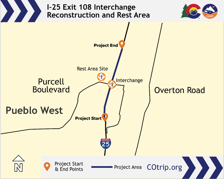 I-25 Exit 108 Interchange Reconstruction & Rest Area Project Location Map in Pueblo.