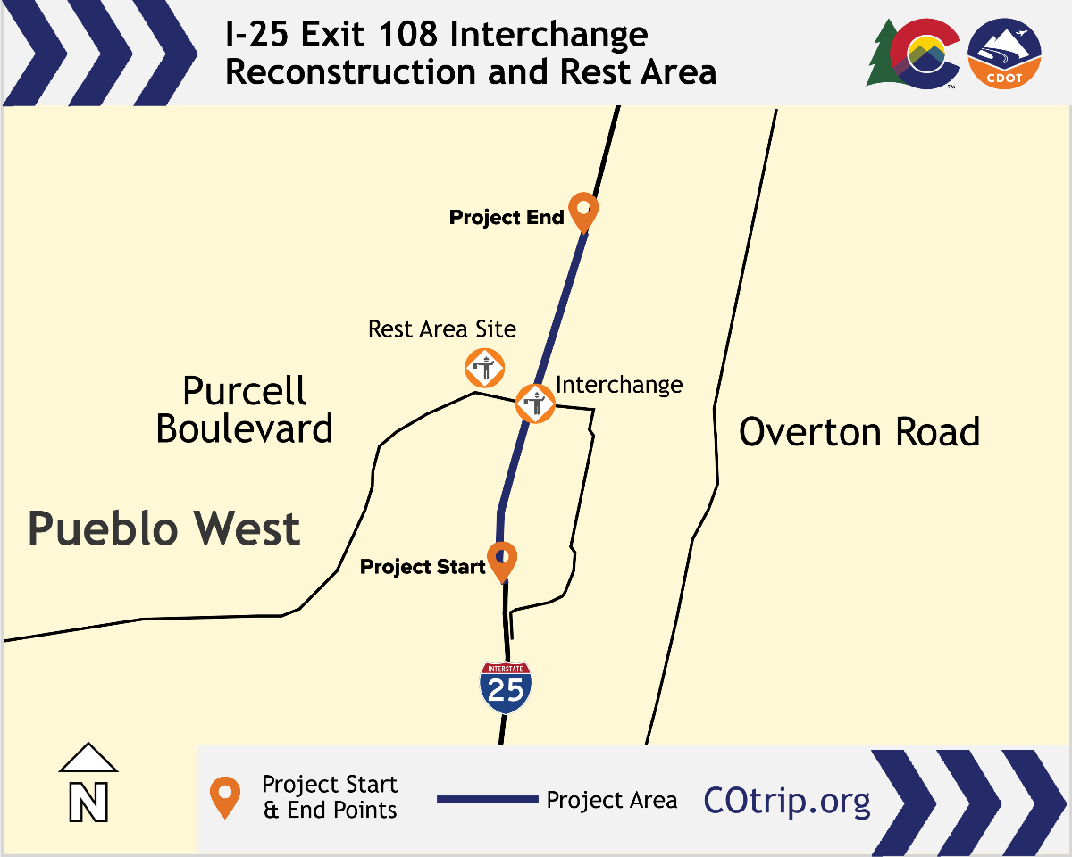 I-25 Exit 108 Interchange Reconstruction and Rest Area project map.png detail image