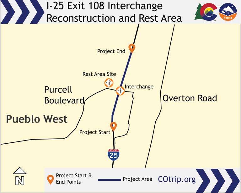 I-25 Exit 108 Interchange Reconstruction & Rest Area Project Location Map in Pueblo.