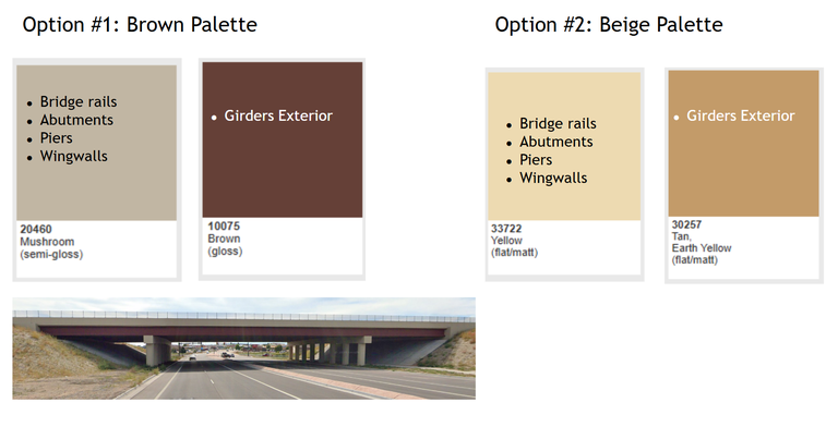 Palette options for the I-25 Exit 108 Interchange bridge structure, including bridge rails, abutments, piers and wingwalls. 