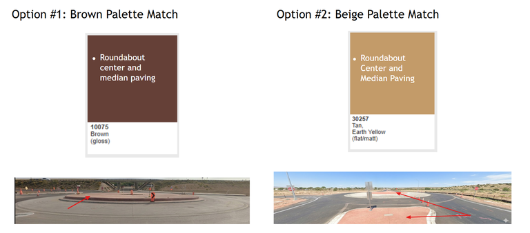Palette options for the roundabout center and median paving.  Option 1: Brown Palette Match Option 2: Beige Palette Match