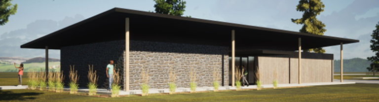 Pueblo Rest Area Option 1: Architectural rendering of Pueblo Rest Area with wood and stone facade.