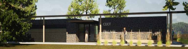 Option 2: Architectural rendering of Pueblo Rest Area with stone facade.