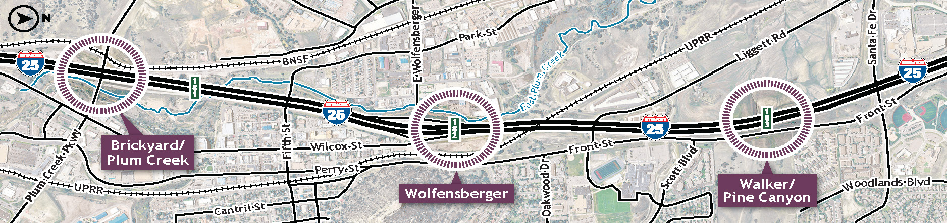 I-25 Mobility Hub Three I-25 Castle Rock Mobility Hub potential sites under review along I-25 project map.jpg detail image