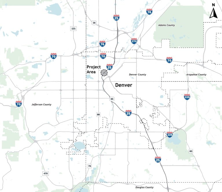 The zoomed out map shows the entire Denver Metro Area and calls out the project area on I-25 near central Denver.