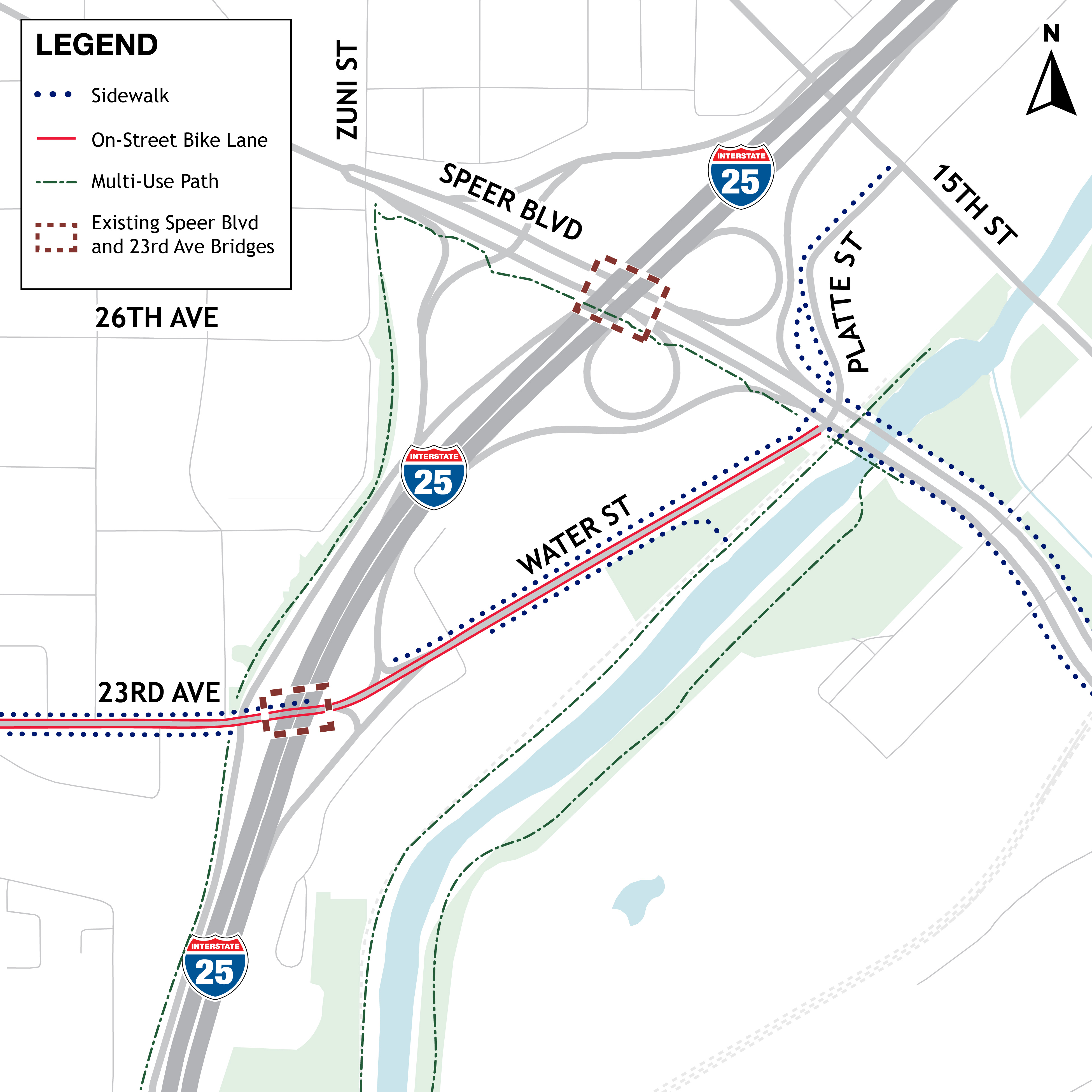 Map of existing Bike and Pedestrian facilities on Speer Blvd.jpg detail image