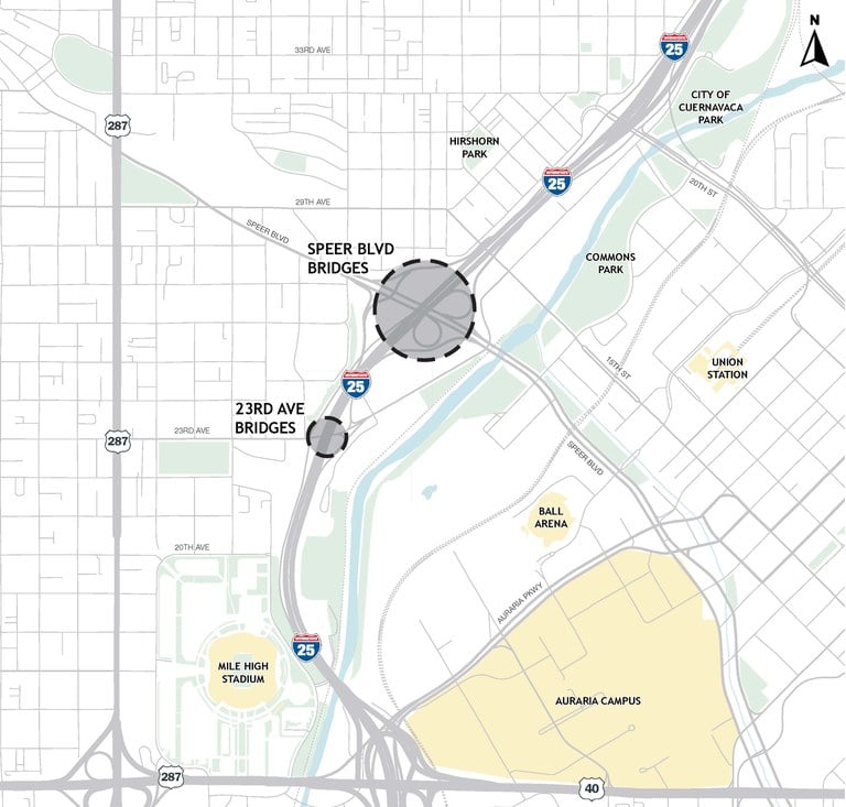 The study area map shows the bridges over I-25 at 23rd Ave. and at Speer Boulevard and the interchange ramps at both locations are the roadway elements being studied for improvements. 