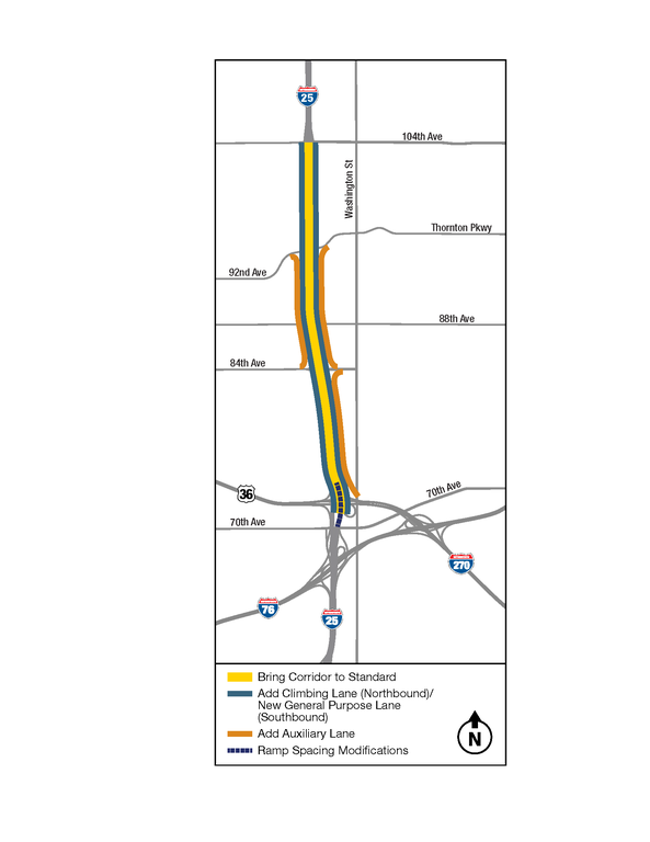 Map of proposed transportation improvements along the I-25 corridor, spanning from US 36 to 104th Avenue. 