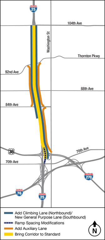 Map of proposed transportation improvements along the I-25 corridor, spanning from US 36 to 104th Avenue. 