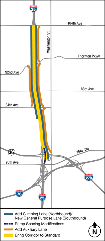Map of proposed transportation improvements along the I-25 corridor, spanning from US 36 to 104th Avenue. 